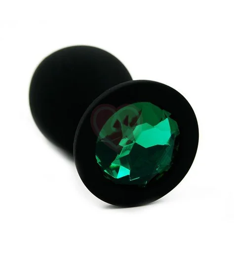 Силиконовая анальная пробка средняя чёрная с зелёным кристаллом фото 1