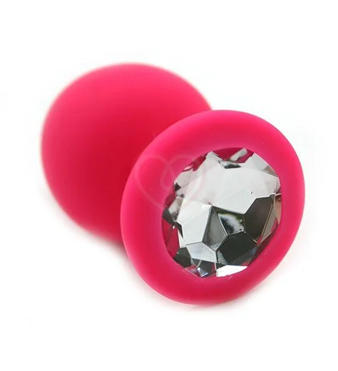 Силиконовая анальная пробка средняя розовая с прозрачным кристаллом фото 1