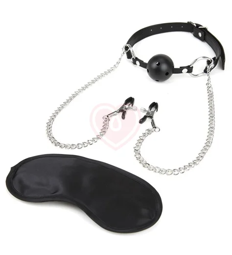Кляп с шариком и зажимами для сосков Lux Fetish Ball Gag чёрный фото 1