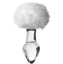 Стеклянная анальная пробка с белым кроличьим хвостиком Sexus Glass прозрачная