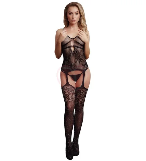 Кэтсьют с имитацией чулочков в стразах Le Desir Rhinestone чёрный фото 1