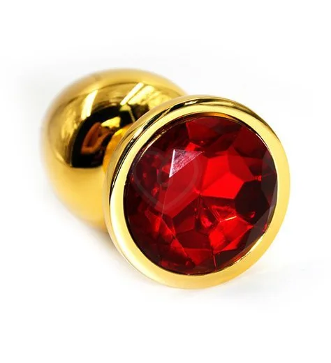 Маленькая золотая алюминиевая анальная пробка Small с красным стразом фото 1