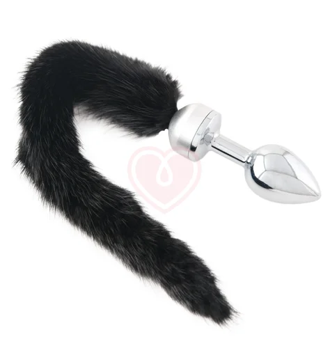 Маленькая металлическая анальная пробка с длинным чёрным хвостом фото 1