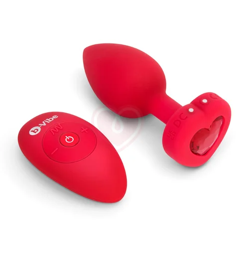 Анальная пробка с кристаллом сердцем и вибрацией b-Vibe Heart Shape Jewel Plug M/L красная фото 1