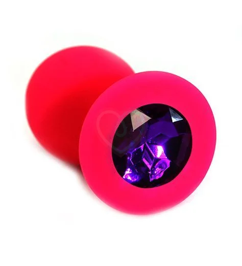 Силиконовая анальная пробка средняя розовая с фиолетовым кристаллом фото 1
