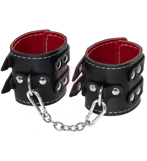 Наручники с двумя ремнями и красной подкладкой Pecado BDSM черные фото 1