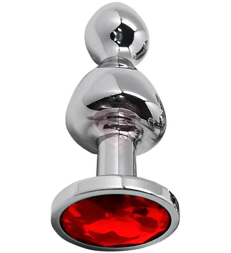 Фигурная анальная пробка с красным кристаллом Cnex Wooomy Lollypop M серебро фото 1