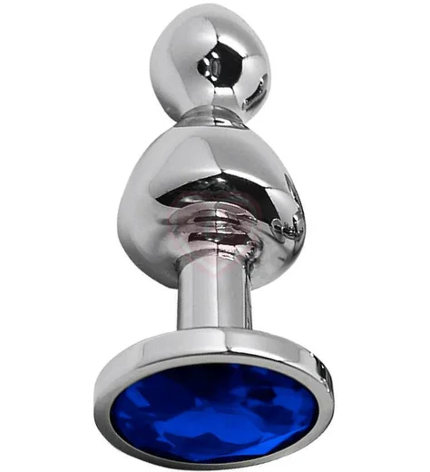 Фигурная анальная пробка с синим кристаллом Cnex Wooomy Lollypop M серебро фото 1