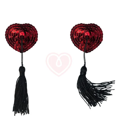 Пэстисы Burlesque Gipsy сердечки из пайеток с длинными кисточками красные с чёрным фото 4