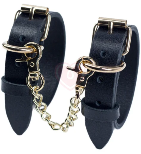 Наручники из ременной кожи с золотой фурнитурой Лунный свет чёрные фото 3