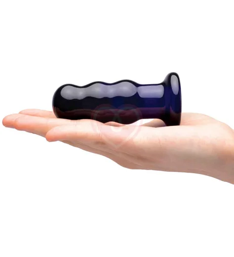 Стеклянная рельефная анальная вибропробка с пультом Glas Beaded Buttplug синяя фото 3