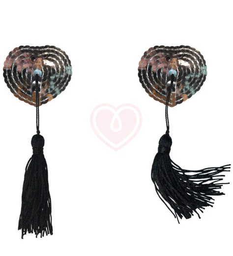 Пэстисы Burlesque Gipsy сердечки из пайеток с длинными кисточками серебряные с чёрным фото 3