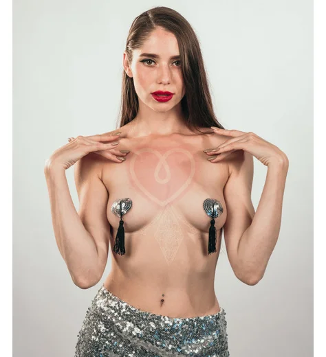 Пэстисы Burlesque Gipsy сердечки из пайеток с длинными кисточками серебряные с чёрным фото 5