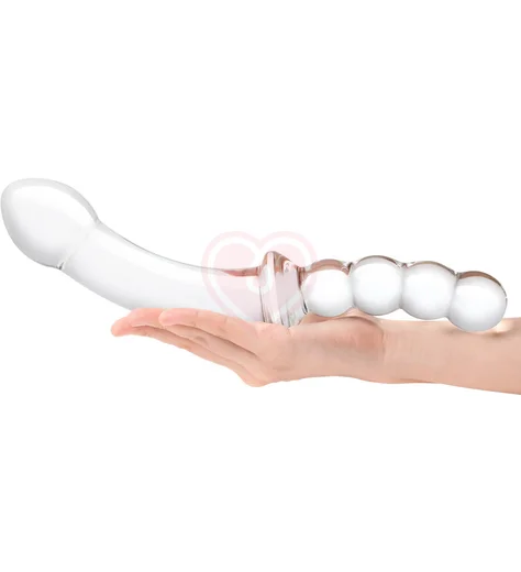 Стеклянный двусторонний фаллоимитатор Girthy Double Sided Dong With Anal Bead прозрачный фото 4