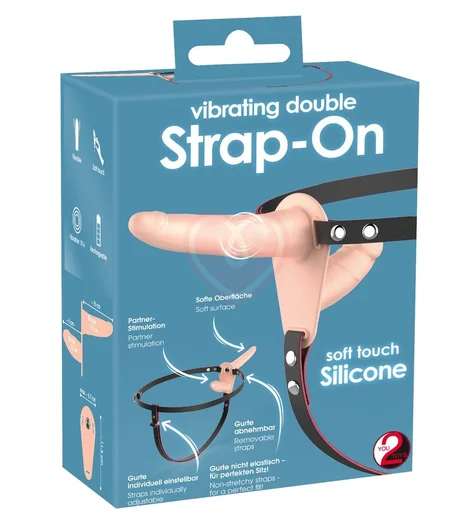 Гладкий двухсторонний страпон с вибрацией на ремешках Vibrating Double Strap-On фото 2