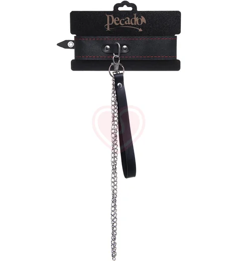 Ошейник с поводком и красной строчкой Pecado BDSM черный фото 6