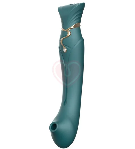 Вибратор с пульсирующей головкой и насадкой для вакуумной стимуляции Zalo Queen зелёный фото 5