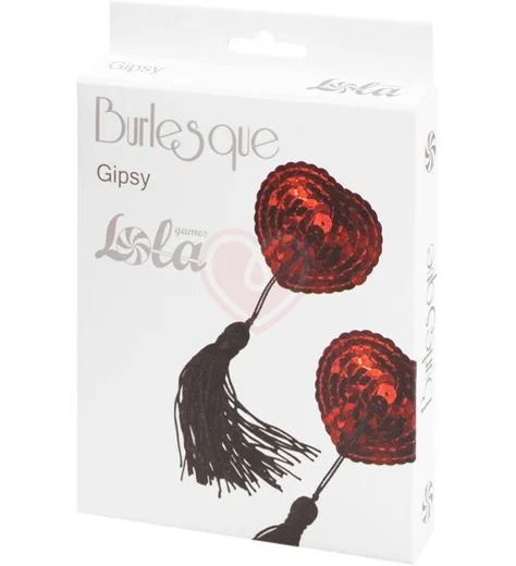 Пэстисы Burlesque Gipsy сердечки из пайеток с длинными кисточками красные с чёрным фото 2