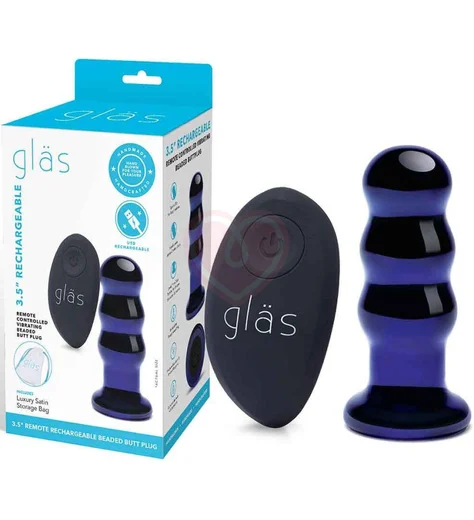 Стеклянная рельефная анальная вибропробка с пультом Glas Beaded Buttplug синяя фото 7