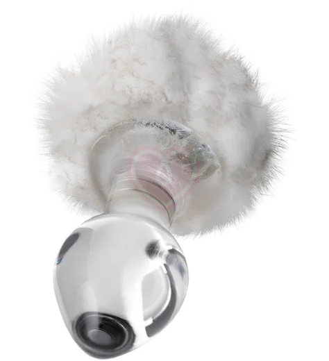 Стеклянная анальная пробка с белым кроличьим хвостиком Sexus Glass прозрачная фото 2