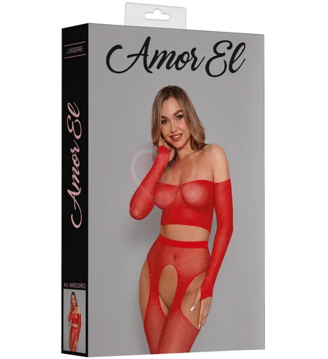 Комплект Amor El из топа и чулок с поясом и стразами красный фото 3