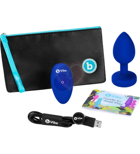 Вибропробка b-Vibe Vibrating Jewel Plug L/XL с кристаллом и пультом синяя фото 7