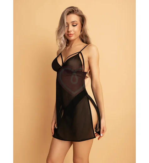 Прозрачная сорочка с разрезами Base Le Frivole в комплекте со стрингами чёрная фото 3