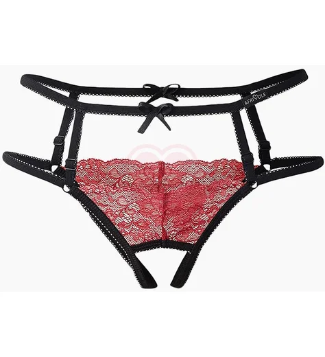 Трусики с открытым доступом из лент и кружева Easy To Love чёрные с красным фото 4