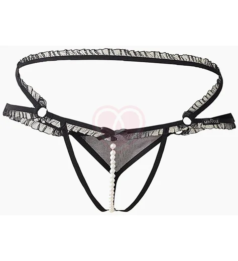 Узкие трусики с открытым доступом рюшами и жемчужной нитью Easy To Love чёрные фото 6