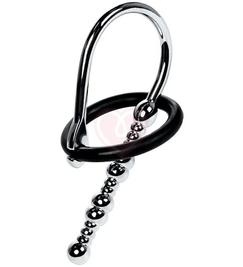 Уретральный плаг с бусинами и фиксирующим кольцом Metal by Toyfa серебряный фото 1