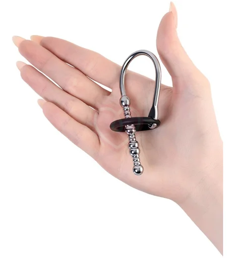 Уретральный плаг с бусинами и фиксирующим кольцом Metal by Toyfa серебряный фото 3