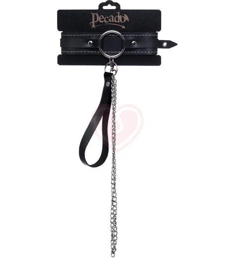 Двухслойный ошейник с поводком Pecado BDSM черный фото 6