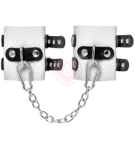 Белые кожаные наручники с двумя чёрными ремнями Crazy Handmade фото 3
