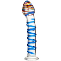 Стеклянный фаллоимитатор с цветной головкой и синей спиралью Sexus Glass Lovers Beads
