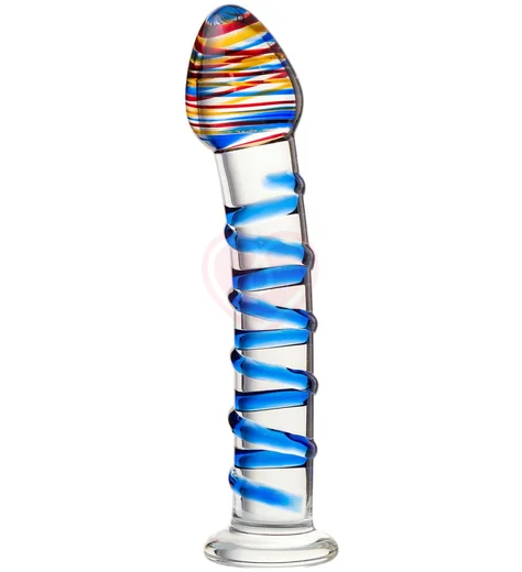 Стеклянный фаллоимитатор с цветной головкой и синей спиралью Sexus Glass Lovers Beads фото 1