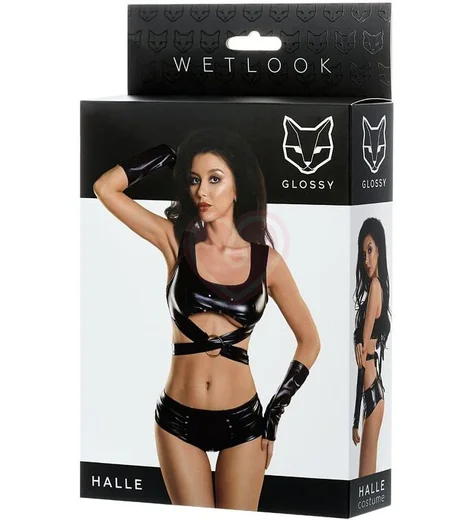 Комплект из мини-шорт с топом и перчатками Glossy Halle черный фото 5