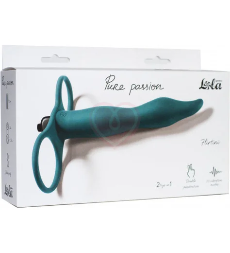 Вибронасадка для двойного проникновения с двумя кольцами Pure Passion Flirtini 16 см зелёная фото 3