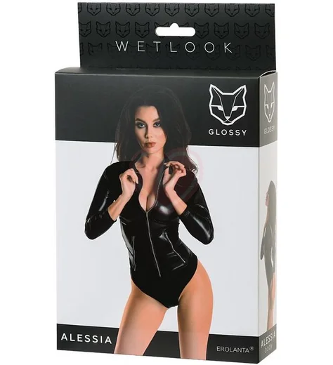 Закрытое боди Glossy Alessia с длинными рукавами черное фото 6