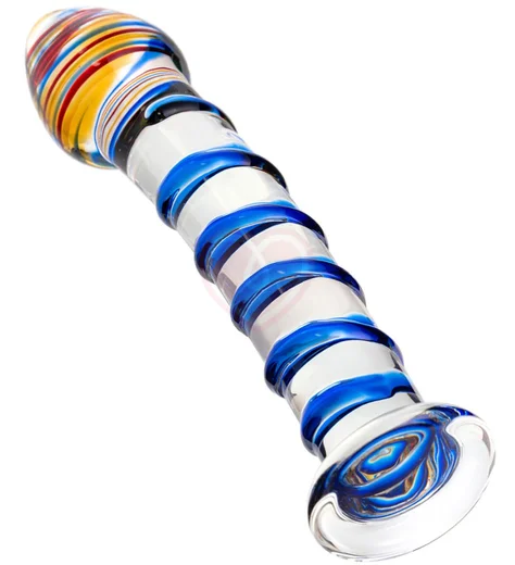 Стеклянный фаллоимитатор с цветной головкой и синей спиралью Sexus Glass Lovers Beads фото 2