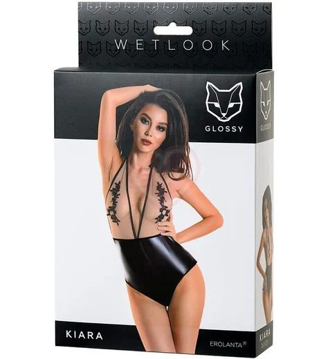 Боди Glossy Kiara с цветочным декором черное фото 5
