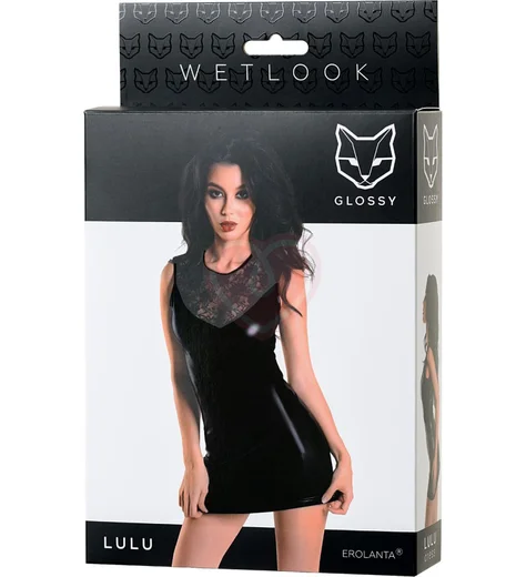 Платье с кружевной вставкой Glossy Lulu из материала Wetlook чёрное фото 5