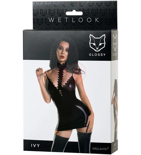 Платье с ажурной окантовкой и чокером Glossy Ivy из материала Wetlook чёрное фото 4