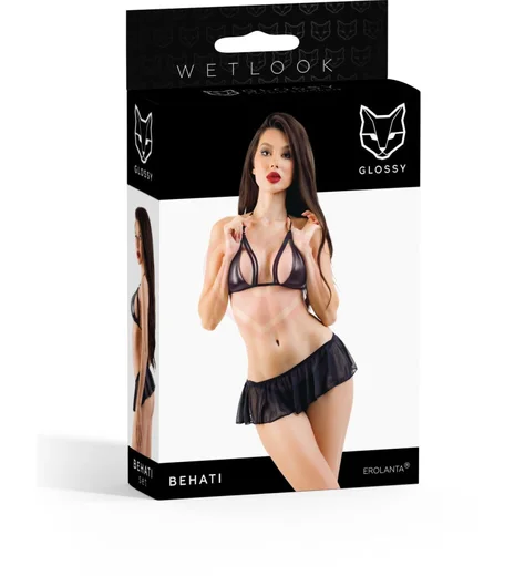 Комплект с лифом и мини-юбкой Glossy Behati из материала Wetlook чёрный фото 6
