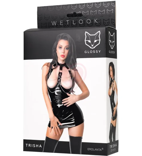 Платье с металлическими цепочками и открытой грудью Glossy Trisha из материала Wetlook чёрное фото 6