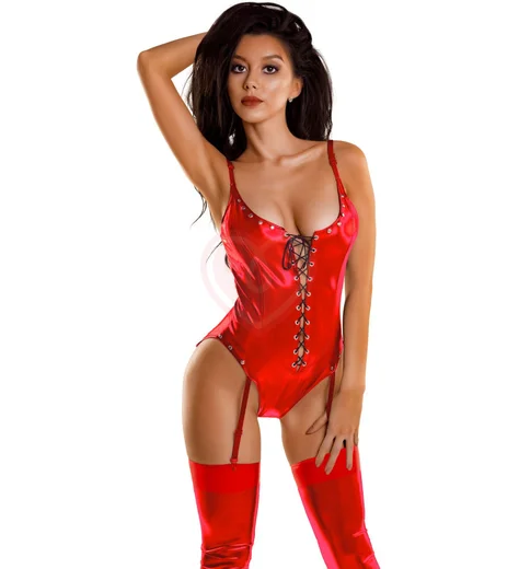 Боди с корсетной шнуровкой Glossy Doja из материала Wetlook красное фото 1