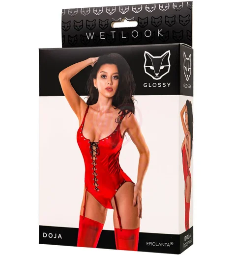 Боди с корсетной шнуровкой Glossy Doja из материала Wetlook красное фото 7