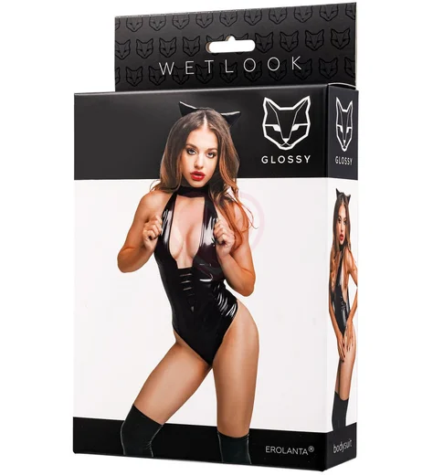 Боди и ободок с игривыми ушками Glossy Kitti из материала Wetlook чёрное фото 4