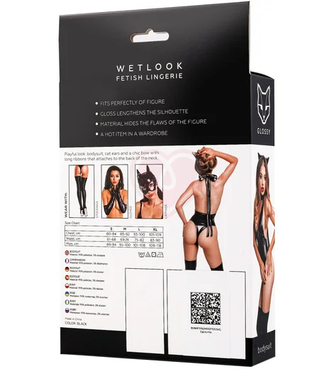 Боди и ободок с игривыми ушками Glossy Kitti из материала Wetlook чёрное фото 5