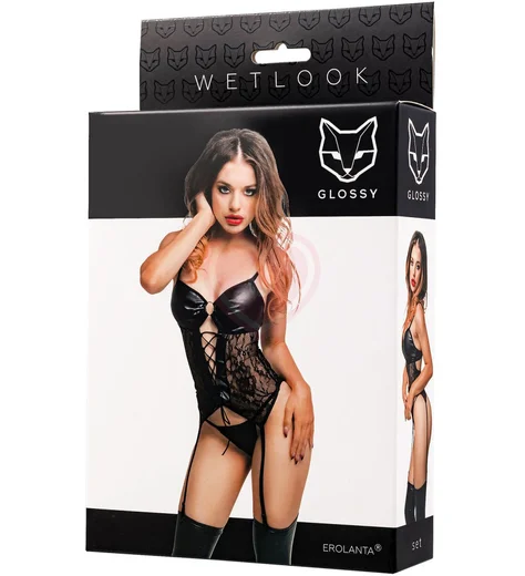 Корсаж со шнуровкой и трусики Glossy Miriam из материала Wetlook чёрный фото 4