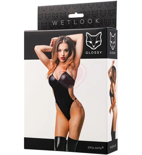 Боди с цепочками по бокам Glossy Reina из материала Wetlook чёрное фото 4